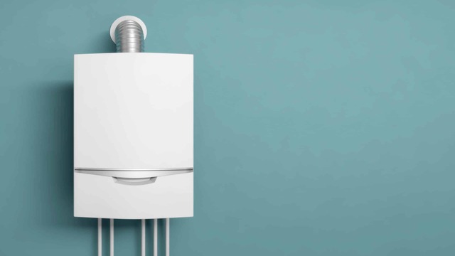 Chaudière murale blanche moderne installée sur un mur bleu-vert, avec un tuyau d'évacuation et des raccords inférieurs.